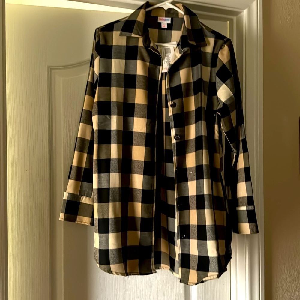 LuLaRoe Black and Tan Buffalo Plaid Button-Down Shirt
